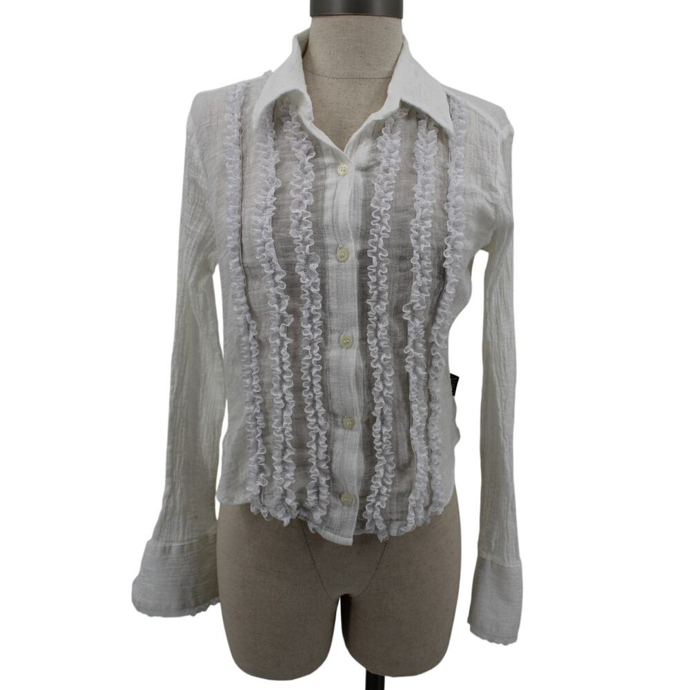 Vintage 90's XOXO Jeans Top Gauze Ruffle White Long Sleeves Boho Peasant